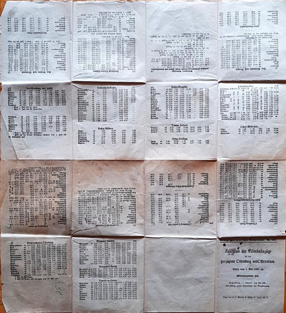 1905 - Fahrplan der Eisenbahnzüge, Beilage zum Jeverschen Wochenblatt