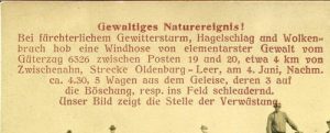 Detailausschnitt mit der Beschreibung des Unglückes. Bemerkenswert ist, dass auf der Ansichtskarte von 5 Waggons die Rede ist, die aus den Gleisen geworfen wurden, während die offiziellen Berichte von 9 Waggons sprechen.