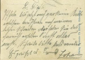 Der Text lautet: L. [Name] Ich habe bis jetzt noch garkeine Karte erhalten von Ihnen nach meinem letzten Schreiben oder haben Sie das garnicht erhalten Sonst alles wohl. Schreibe bitte bald wieder Es grüßt d. Freund Johann