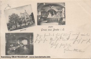 Bahnhof Brake in der Wesermarsch. Die interessante Karte ist 1904 gelaufen und zeigt das seinerzeit noch recht neue Empfangsgebäude.