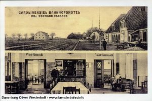 Den Bahnhof sowie einen Blick in die Bahnhofswirtschaft und die Warteräume gewährt diese 1913 gestempelte Karte.