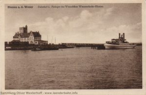 Blick auf den Bahnhof Blexen und den Fähranleger, vermutlich um 1910.