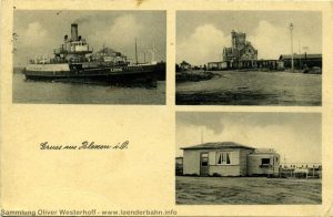 Vermutlich in den 1950er Jahren entstand diese Karte mit dem Bahnhof, der Fähre "NORDENHAM" und der kleinen Gaststätte.