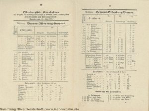 Dieser Fahrplan aus dem Eröffnungsjahr 1867 zeigt die 3 Zugpaare, die auf der ersten oldenburgischen Strecke verkehrten.