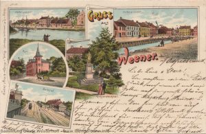 Auf dieser 1896 gelaufenen Lithographie ist auch der Bahnhof in Weener abgebildet.