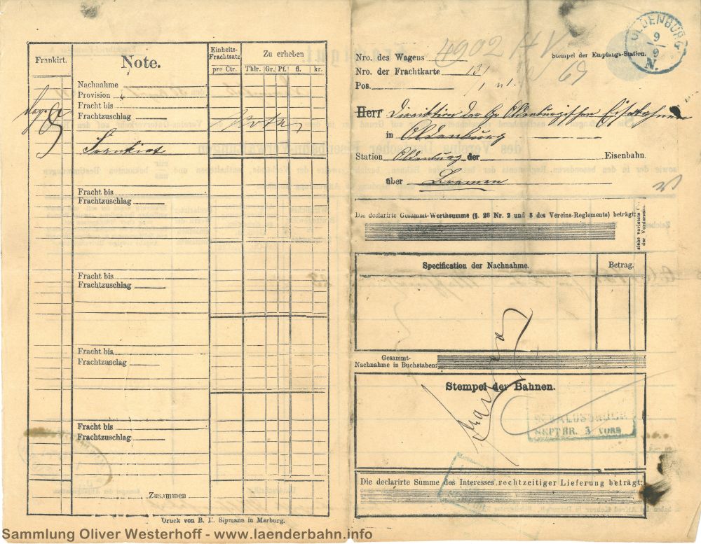 1871 - Frachtbrief - Vorderseite