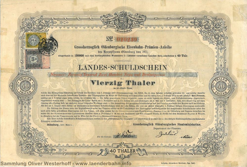 1871 - Grossherzoglich Oldenburgische Eisenbahn-Prämien-Anleihe