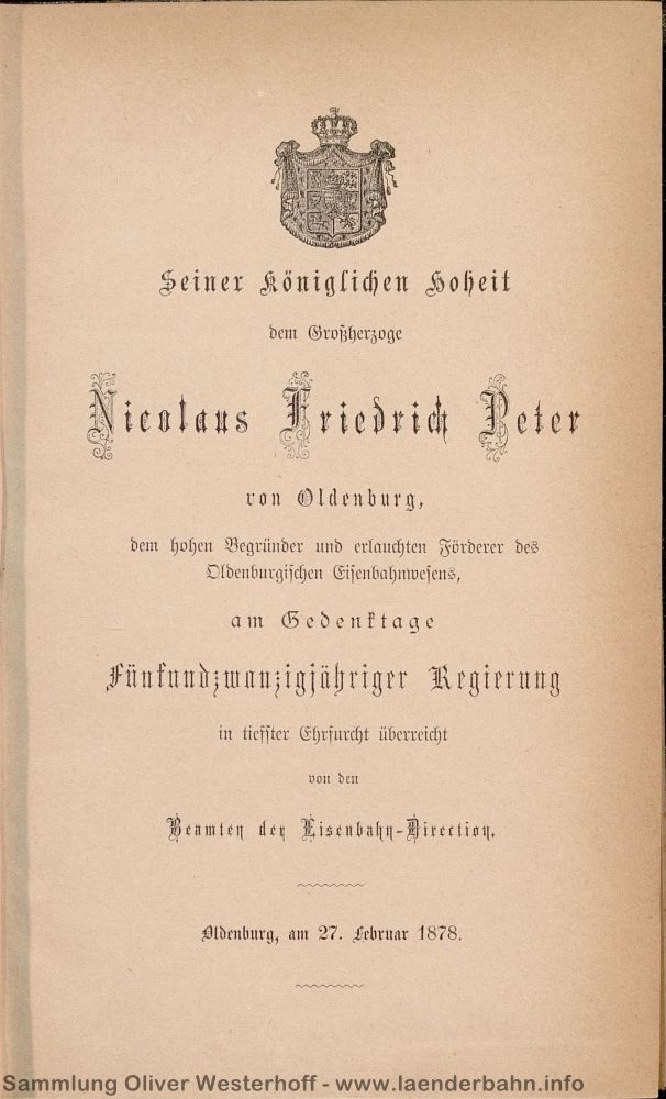 1878 - Denkschrift der G.O.E. - Widmung an den Großherzog