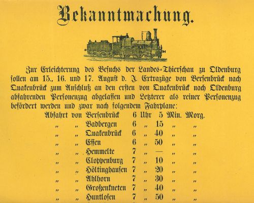 1879 - Sonderfahrplan zur Landes-Thierschau zu Oldenburg