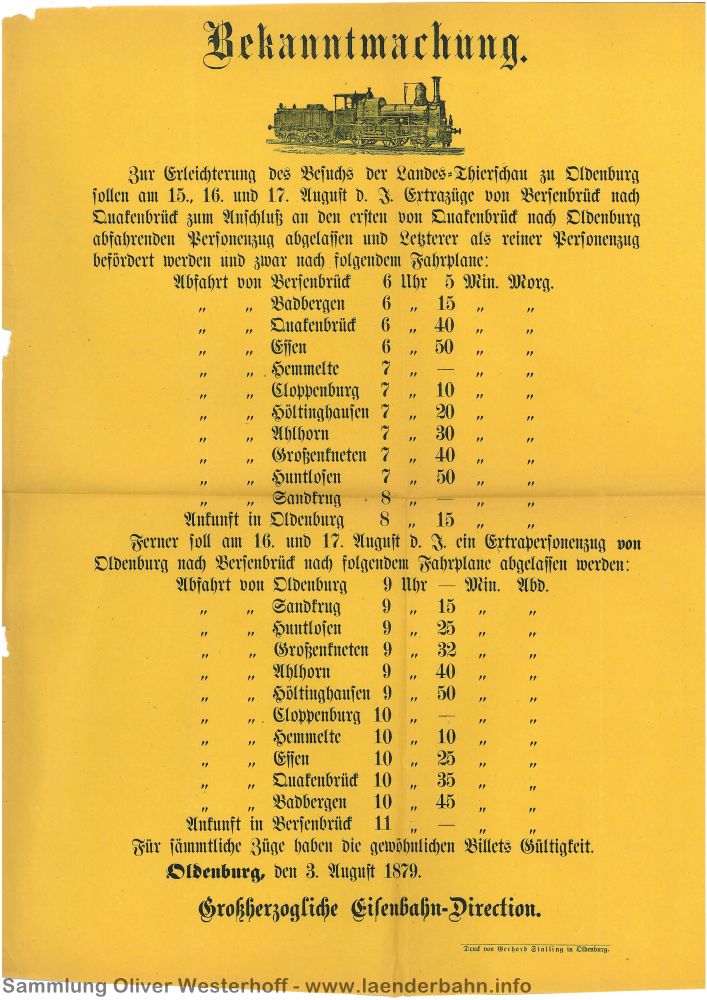 1879 - Sonderfahrplan zur Landes-Thierschau zu Oldenburg
