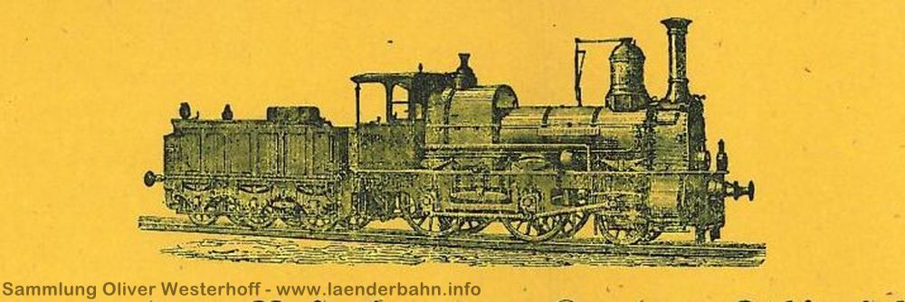 Ausschnittvergrößerung der Lokomotive. Interessant ist, dass in Oldenburg Lokomotiven dieser Bauart (1 B) überhaupt nicht vorhanden waren. Dies ist wohl eine vorhandene Vorlage der Druckerei gewesen.