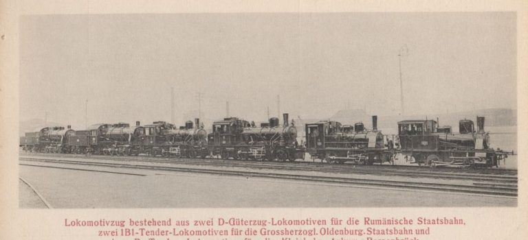 April 2026: Lokzug der Hanomag 1914 Lokomotivzug der Hanomag auf dem Werksgelände, in der Mitte zwei oldenburgische Tenderlokomotiven.