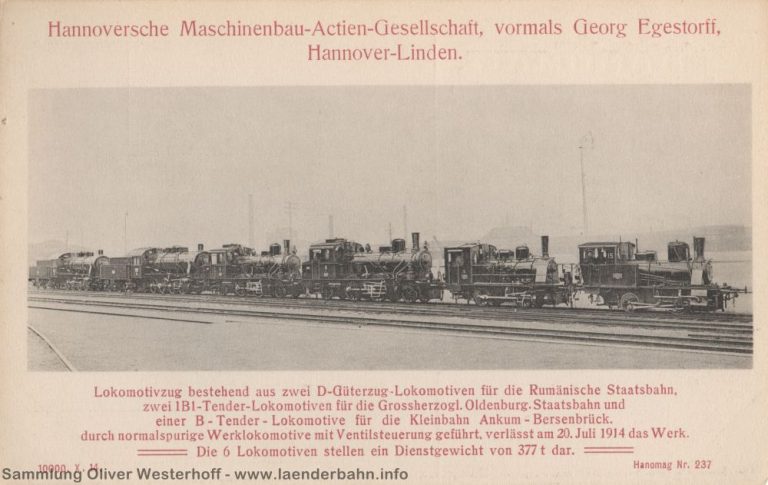 Lokomotivzug der Hanomag auf dem Werksgelände, in der Mitte zwei oldenburgische Tenderlokomotiven.