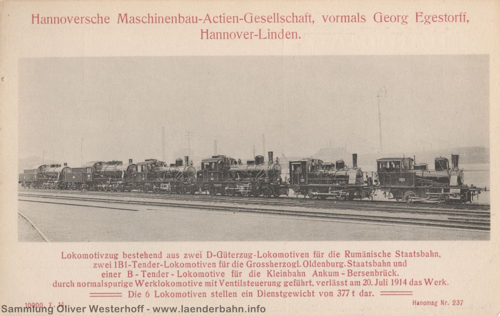 Lokomotivzug der Hanomag auf dem Werksgelände, in der Mitte zwei oldenburgische Tenderlokomotiven.