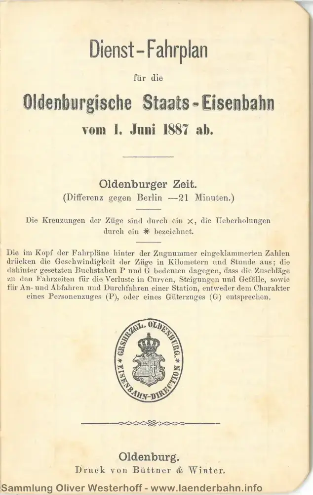 1887 - Dienst-Fahrplan für die Oldenburgische Staats-Eisenbahn - Deckblatt