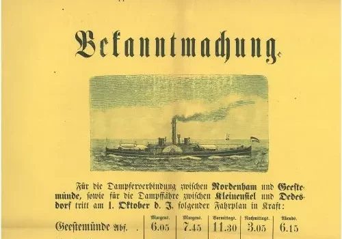 1892 – Weserfähren Nordenham-Geestemünde und Kleinensiel-Dedesdorf 1892 - Fahrplan der Dampferverbindungen über die Weser