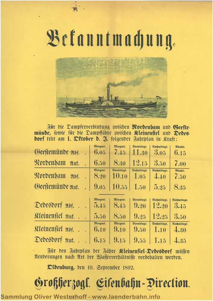 1892 - Fahrplan der Dampferverbindungen über die Weser