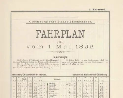 1892 - Fahrplan Oldenburgische Staats-Eisenbahn - 2. Entwurf