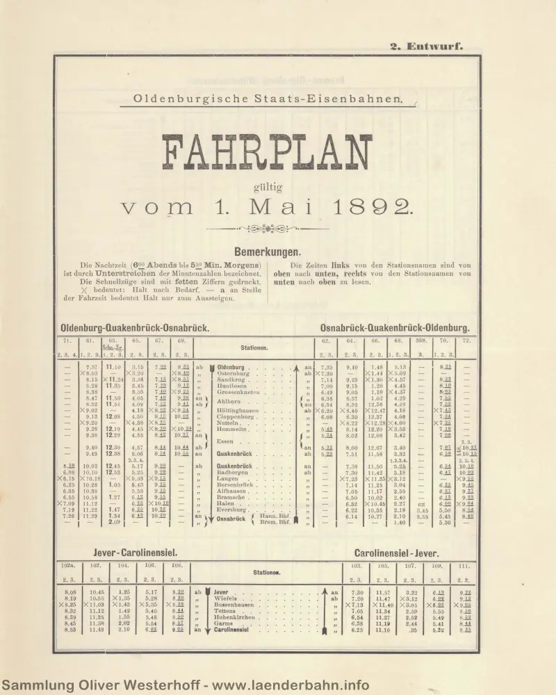 1892 - Fahrplan Oldenburgische Staats-Eisenbahn - 2. Entwurf