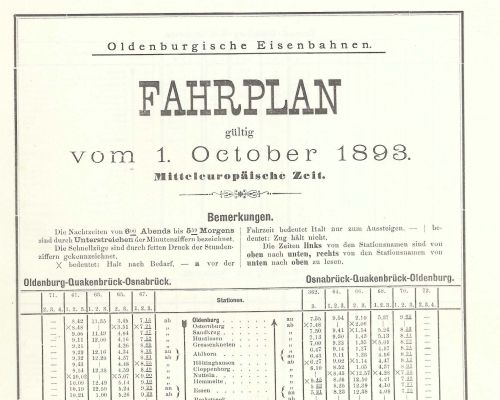 1893 - Fahrplan Oldenburgische Staats-Eisenbahn