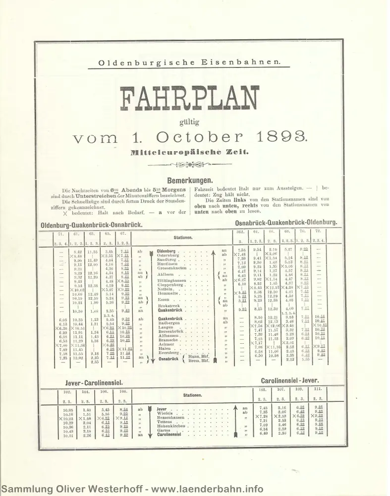 1888 - Fahrplan Oldenburgische Staats-Eisenbahn