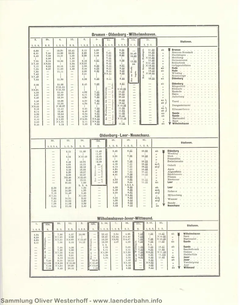 Seite 2 des Fahrplanes mit der Verbindung zwischen Bremen, Oldenburg und Wilhelmshaven