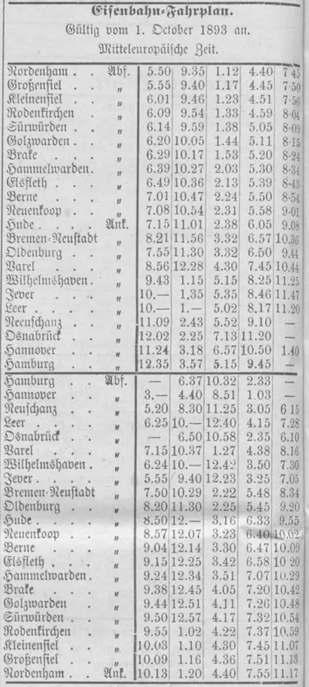 Veröffentlichung des neuen Fahrplans in den "Nachrichten für Stadt und Amt Elsfleth" am 30. September 1893