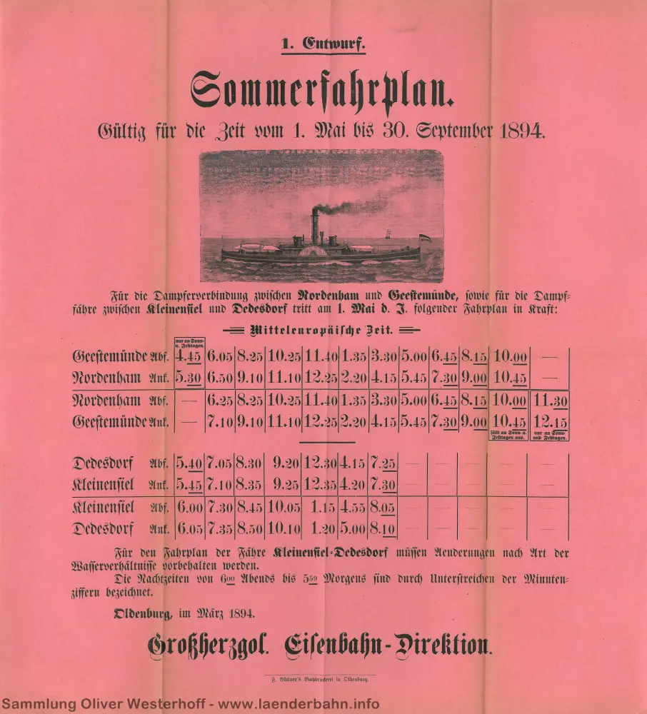 1894 - Fahrplan der Dampferverbindungen über die Weser