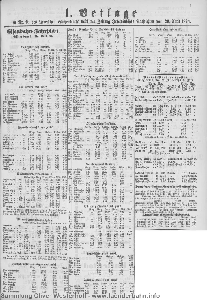 Veröffentlichung des Sommerfahrplans mit den Schiffsverbindungen über die Weser in der Zeitung "Jeversches Wochenblatt"