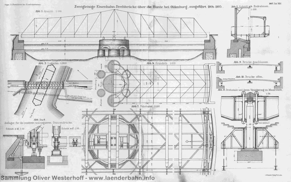 Die Zeichnungen zur neuen Drehbrücke, aus: "Organ für die Fortschritte des Eisenbahnwesens", Jg. 44, 1907