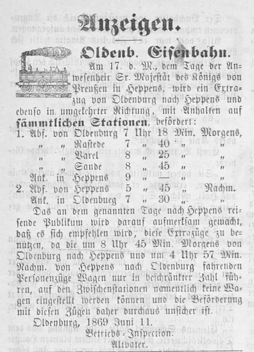 Fahrplan des Sonderzuges nach Heppens und zurück