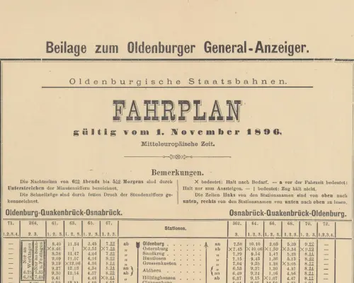 1896 - Fahrplan Oldenburgische Eisenbahnen